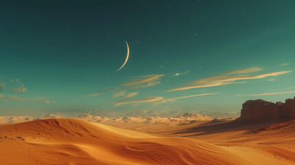 A serene desert landscape under a twilight sky with a crescent moon hanging above undulating sand dunes and distant mountains. - obrazy, fototapety, plakaty