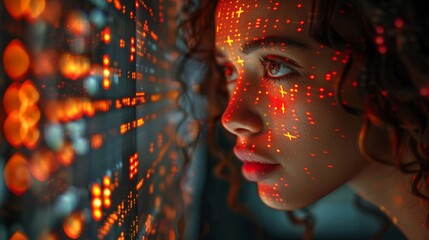 A cyberpunk graphic depicting a hacker breaking into a forbidden digital vault her face reflecting the shock of the unexpected discoveries within