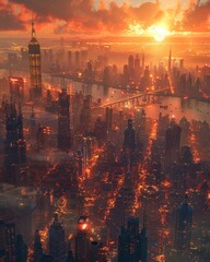 A bustling futuristic city where citizens exchange ideas instead of goods, set in a sustainable metropolis built from recycled materials and powered by renewable energy Realistic, Golden Hour, - obrazy, fototapety, plakaty