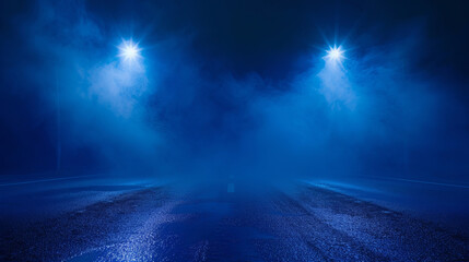 A dark empty street, blue background, dark scene, neon light, spotlights. The asphalt floor and...