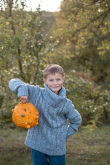 Boy in a knitted blue sweater is holding in his hands ugly orange pumpkins. Deformed orange pumpkins with a damaged, ugly skin. Thanksgiving, harvest, halloween concept. 