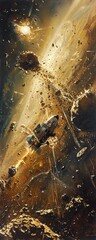 Amidst a cluster of asteroids, a spacecraft collects samples from a comet, illustrating humans pushing the boundaries of space conquest The image conveys the hope and promise of future cosmic ventures