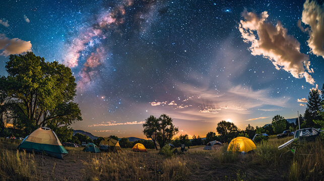 A starry night sky over a campsite with illuminated tents, surrounded by nature.