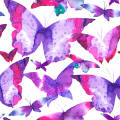Beautiful spring Seamless pattern of flying butterflies pink and violet colors. Watercolor illustration on white background