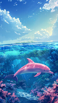A pink dolphin swims in vibrant, blue ocean waters, surrounded by colorful coral and fish
