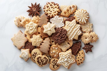 Assortment of Christmas shaped cookies in a pile on white table. Top view. Horizontal composition.