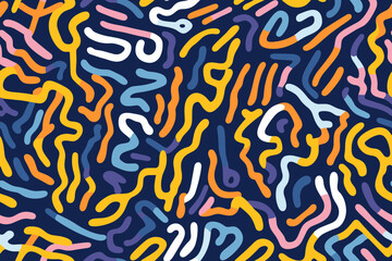 Fun colorful doodle seamless pattern. Creative art background for children or trendy design with basic shapes.