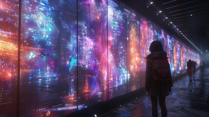 Woman Standing in Front of Colorful Lights Wall