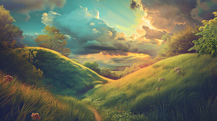 Sunbeams shine through clouds over a vibrant, hilly landscape. - obrazy, fototapety, plakaty