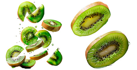 Fototapeta premium Set of sliced kiwi, sliced and suspended in the air with spaces between the slices, isolated on transparent background