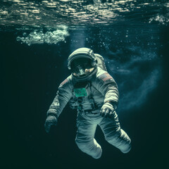 Astronaut submerged in water, illuminated by light rays
