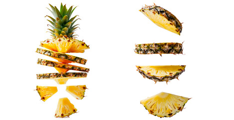 Fototapeta na wymiar Set of sliced pineapple, sliced and suspended in the air with spaces between the slices, isolated on transparent background