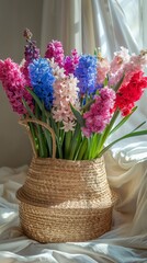 Straw bag with vibrant hyacinth and carnation flowers on a white linen background, high contrast, bright daylight