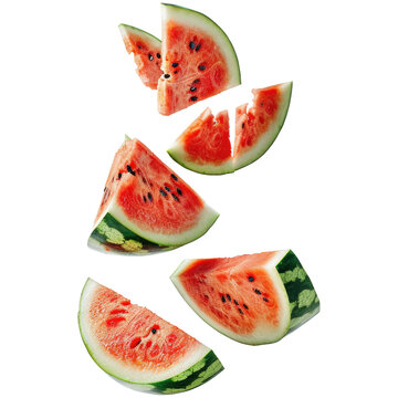 Sliced watermelon, sliced and suspended in the air with spaces between the slices, isolated on transparent background