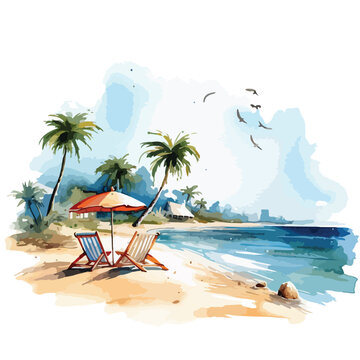 Watercolor Beach Scene Clipart clipart isolated on wh