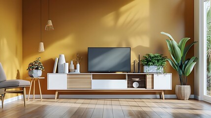 Design a modern living space where a striking wall color complements a minimalist TV cabinet adorned with carefully selected decorative items  attractive look