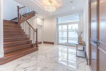 A grand hallway in a house with wooden stairs, a marble floor, and elegant fixtures. The interior design is complemented by large windows and a sturdy door