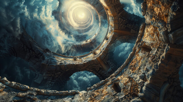 Surreal escheresque landscape with infinite stone staircases leading towards a glowing circular portal in the sky, surrounded by clouds and a blue atmospheric aura.