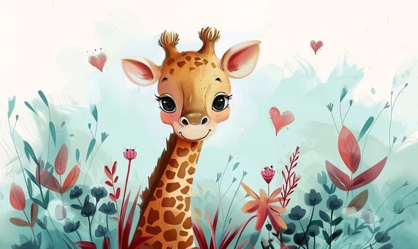 digital paint illustration of a cute baby giraffe with a heart and typical savanna plants