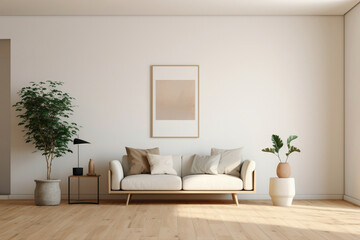 Fototapeta na wymiar Minimalistic white frame amidst beige and Scandinavian ambiance, showcasing a modern living room's simplicity - plain walls, wooden floor, and a potted plant.