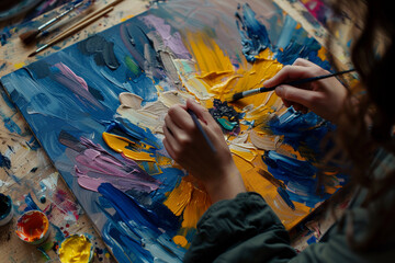 Female hand of artist with brush painting floral yellow blue picture.