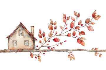 Watercolor decorative cute wooden house on a horizontal branch with leaves, isolated on transparent background