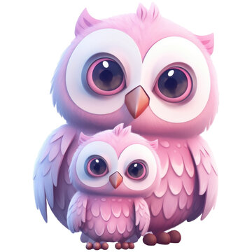 Watercolor cute pink mother and baby owl, isolated on transparent background