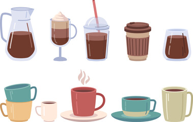 Coffee drinks and beverages served in mugs and plastic cups for take away vector style illustration