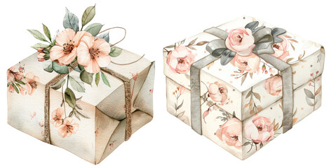Set of watercolor gift packed in a box, boho chic style, decorated with flowers, isolated on transparent background