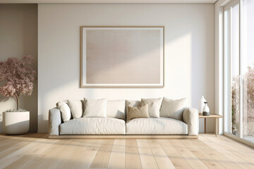 Fototapeta na wymiar Minimalistic white frame against beige and Scandinavian ambiance, offering a glimpse of a modern living space's tranquility - plain walls, wooden floor, and a touch of nature.