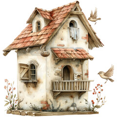 Watercolor vintage cozy beige birdhouse with cute red clay tiles, isolated on transparent background