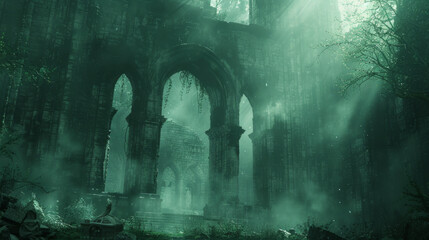 An ancient gothic ruins enveloped by a mysterious fog within a dense, misty forest. - obrazy, fototapety, plakaty