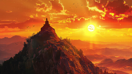 An illustration of a statue on top of a mountain with sunset