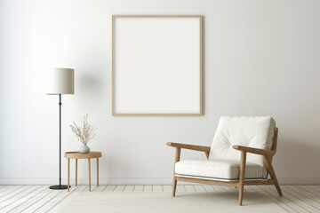 Minimalistic decor in living room with white frame, armchair, table, lamp. - obrazy, fototapety, plakaty