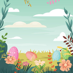 Fototapeta na wymiar Sunny square composition for happy Easter eggs hunting. Landscape with Easter eggs on the lawn. Template for cards, posters, advertisements