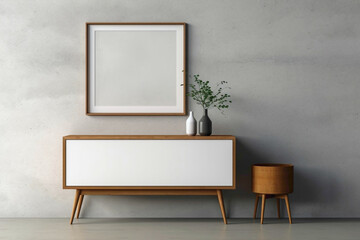 Minimalistic cabinet and dresser with mock-up poster frame on concrete wall. - obrazy, fototapety, plakaty