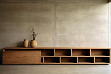 Minimalist wooden storage set against concrete, awaiting creative touch. - obrazy, fototapety, plakaty