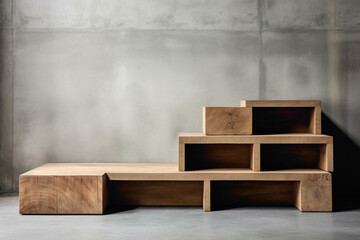 Minimalist wooden storage set against concrete, awaiting creative touch.