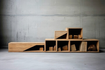 Minimalist wooden storage set against concrete, awaiting creative touch. - obrazy, fototapety, plakaty