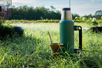 mate y termo sobre la hierba. bebiendo mate al amanecer. campo y naturaleza - obrazy, fototapety, plakaty