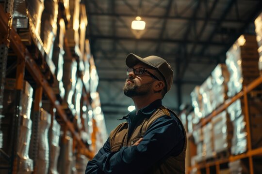 Focused warehouse manager inspecting stock levels in a dimly lit storage room.


