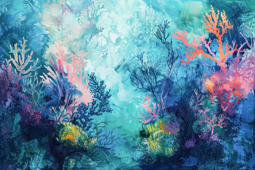 Abstract Coral Reef Artwork. A vibrant and colorful abstract painting depicting the dynamic and diverse ecosystem of a coral reef. - obrazy, fototapety, plakaty