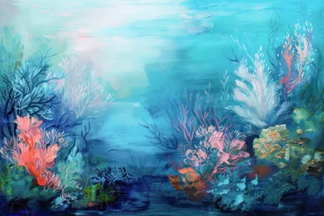 Tuinposter Abstract Coral Reef Artwork. A vibrant and colorful abstract painting depicting the dynamic and diverse ecosystem of a coral reef. © julijadmi