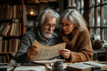 Senior couple reading together in a cozy home environment.