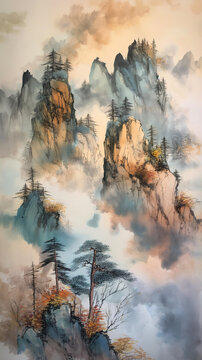 Traditional Chinese watercolor style of forest mountains  in China.