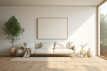 Minimalist white frame against beige and Scandinavian ambiance, giving a glimpse of a modern living room with plain walls, wooden floor, and a touch of nature.