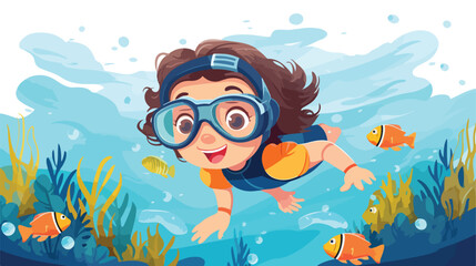 Cute cartoon Little girl swims underwater wearing a
