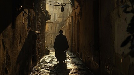 Fototapeta na wymiar Through the narrow alleyway, the camera follows a silhouette drenched in shadows As the figure steps into a column of light, details emerge - a mischievous grin, a glinting sword at the hip The play o