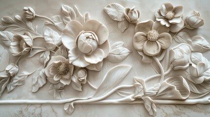 White bas-relief floral sculpture on a marble background.