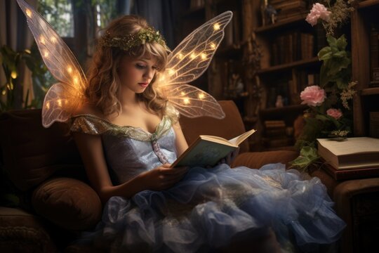 Fairy reading a book in a magical garden. Fantasy and storytelling concept.